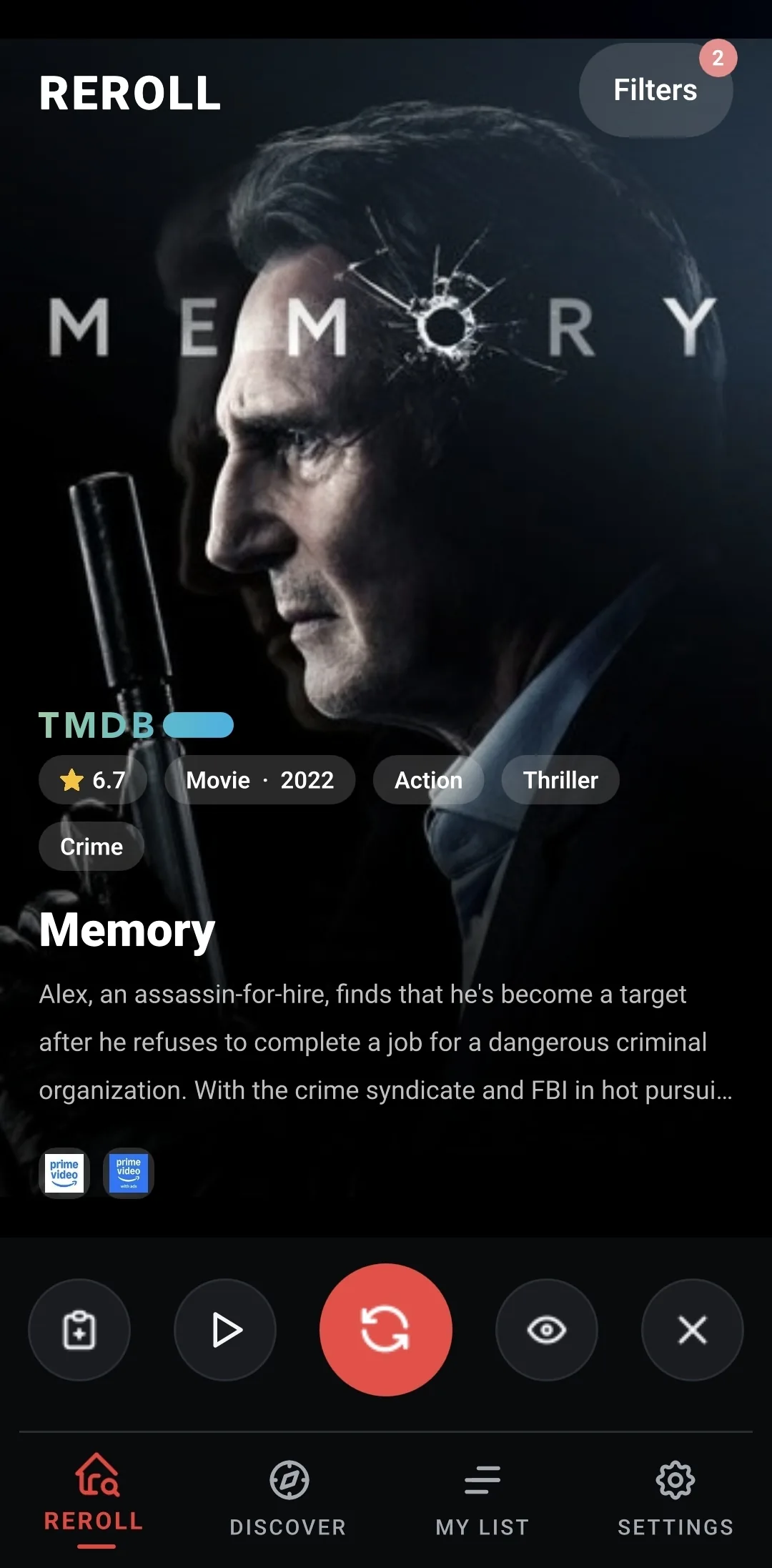 A suggestion with its rating, genres, story and streaming services