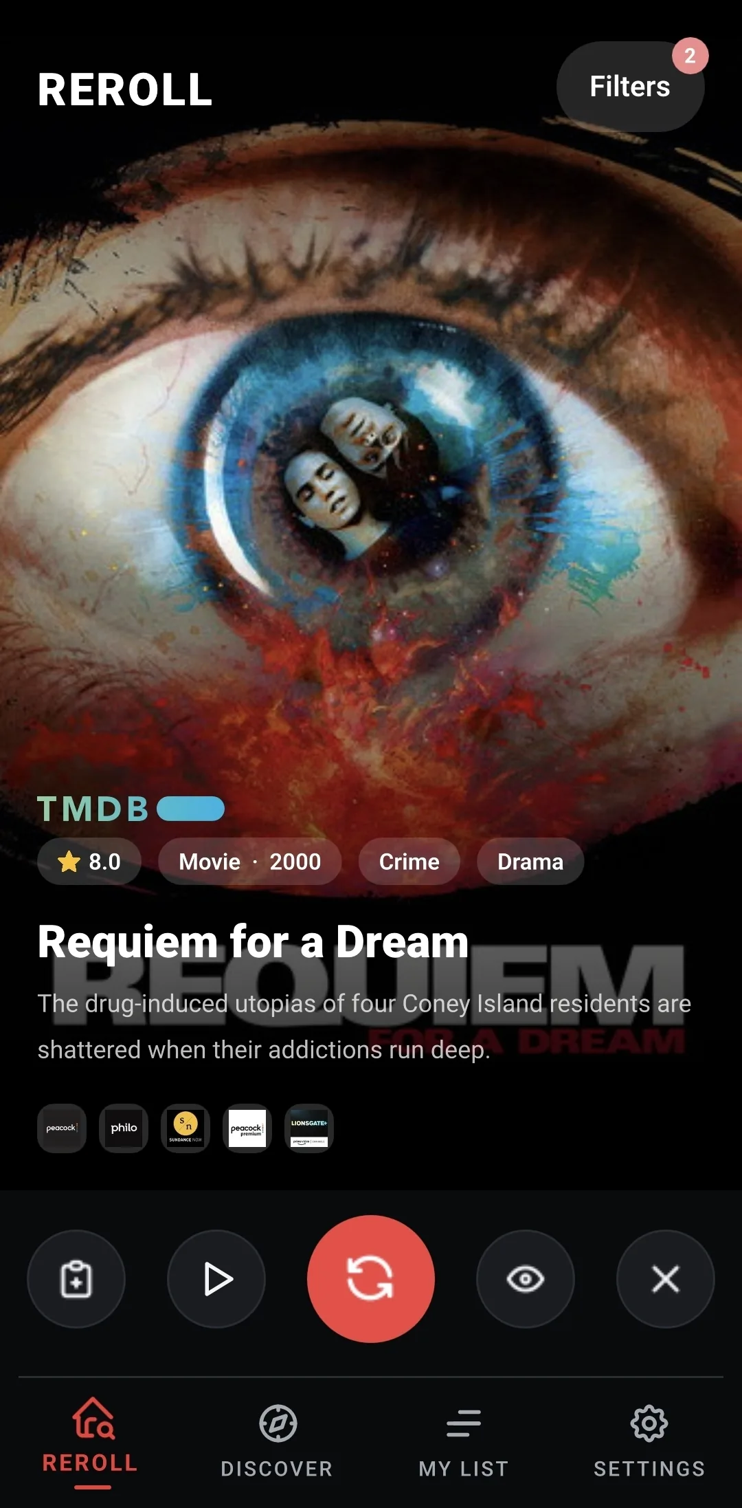 Reroll suggesting a single film, with its rating, genres, story and the reroll button