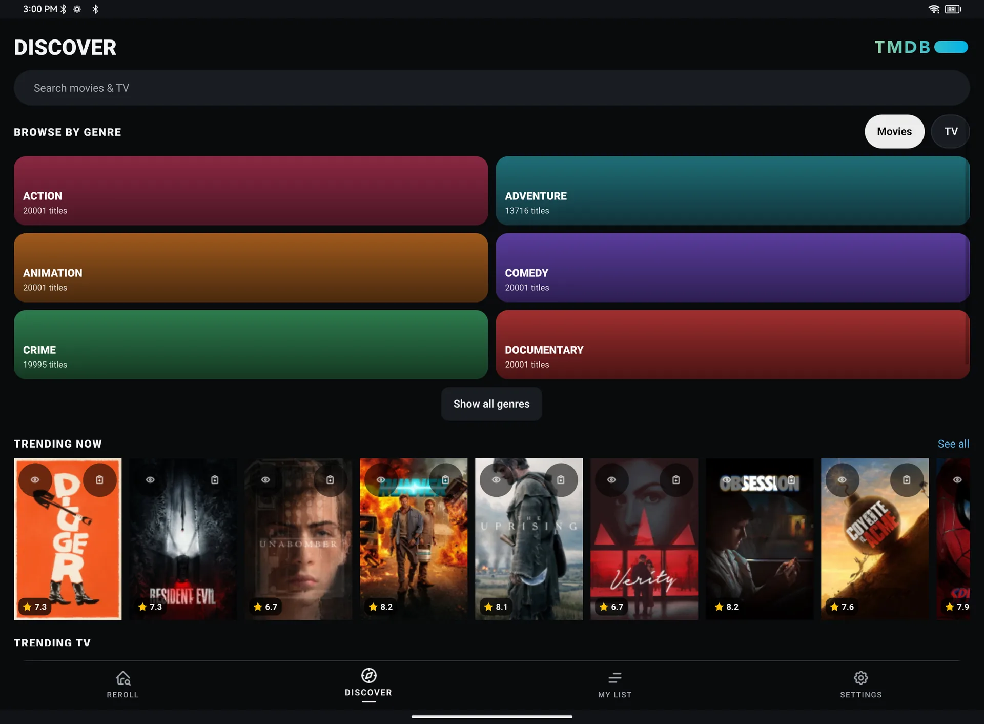 Discover on a tablet with genres and trending titles