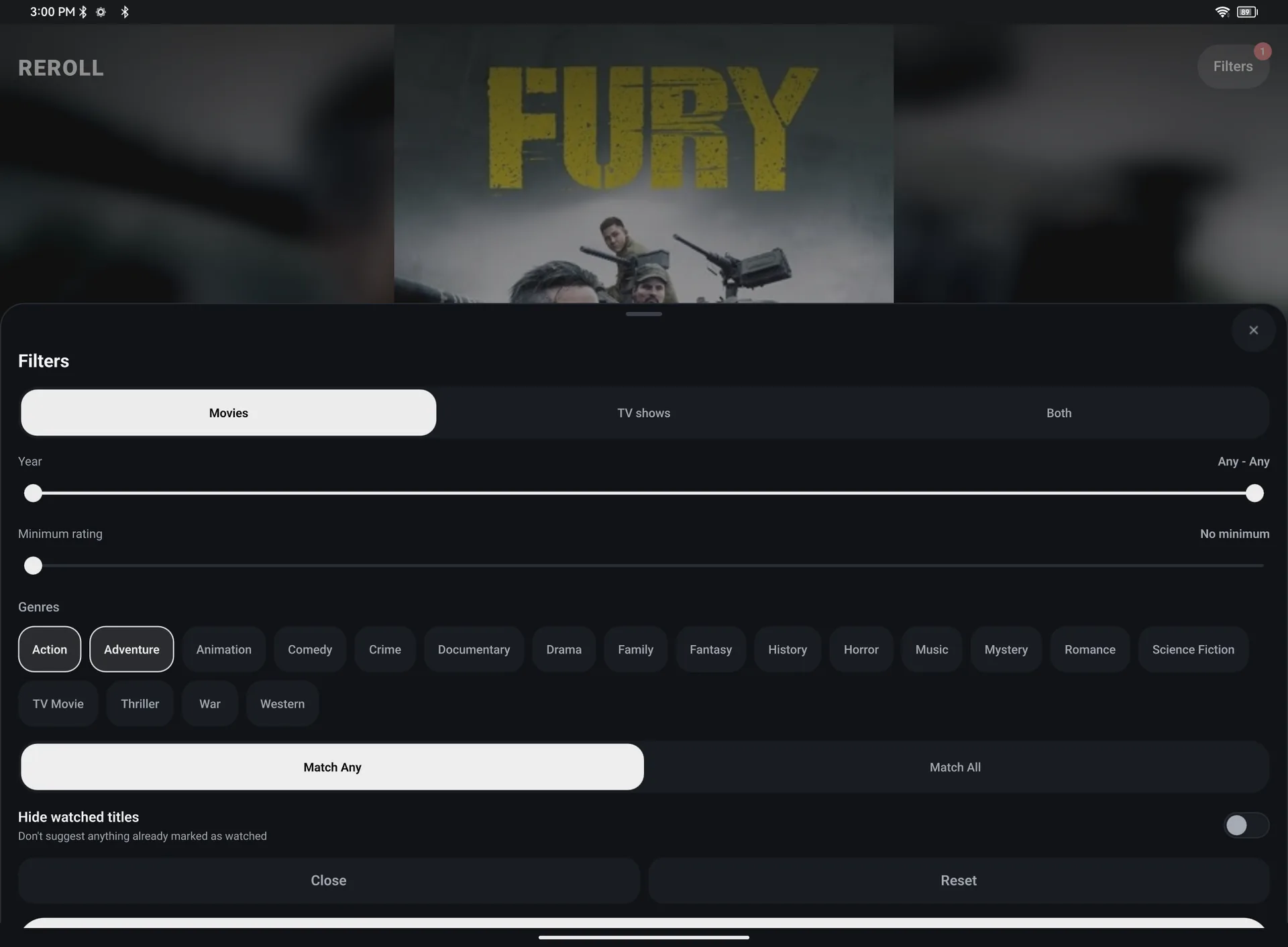 Filters on a tablet for movies or shows, years, rating and genres