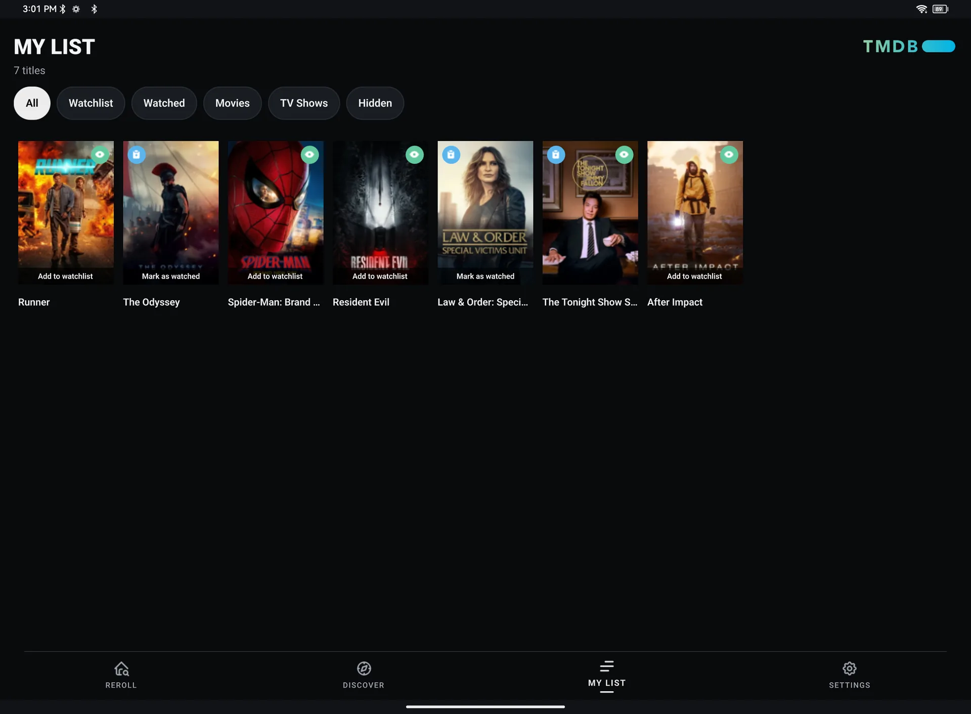 My list on a tablet with saved and watched titles