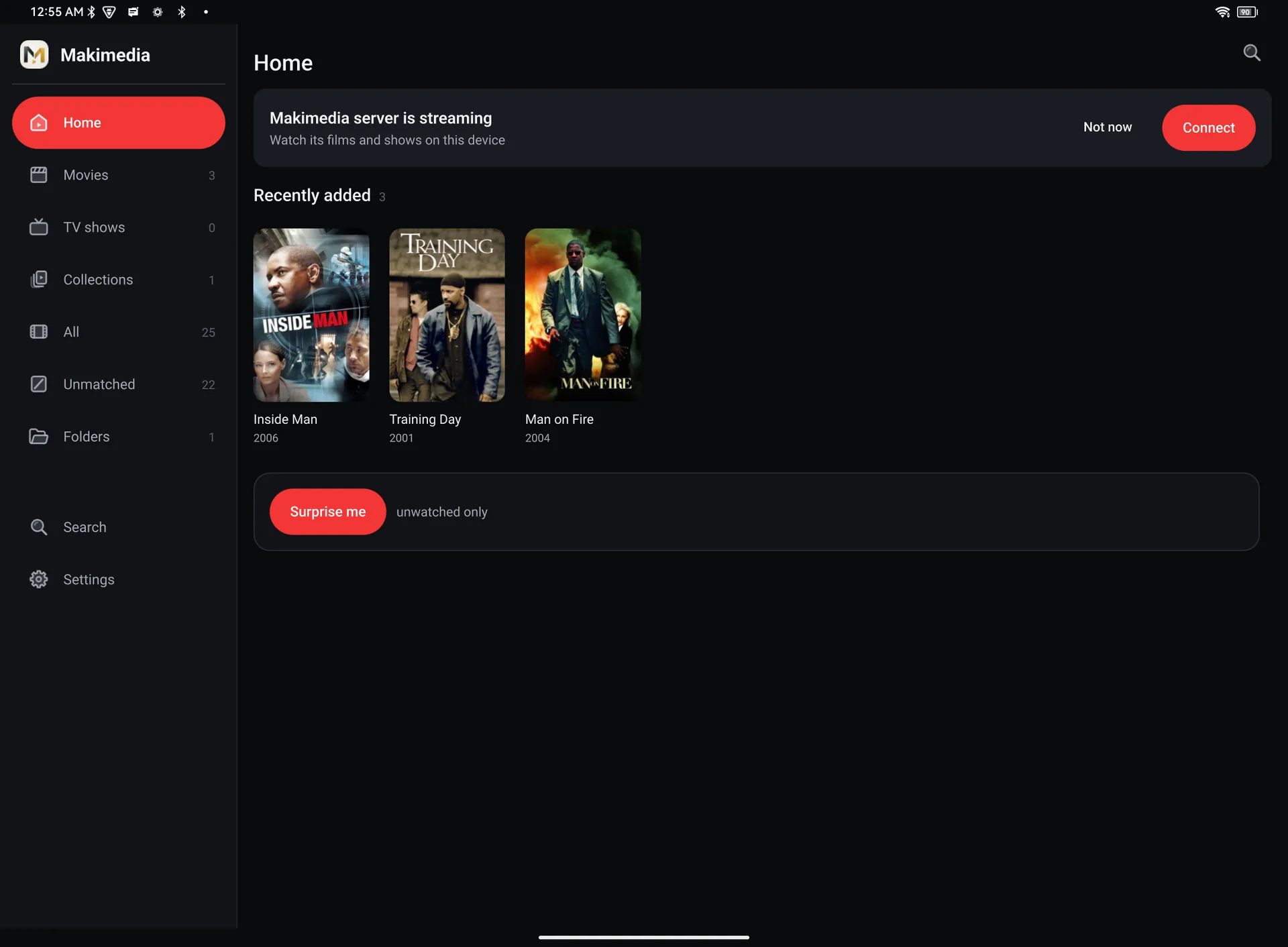 Home on a tablet offering to connect to a Makimedia server that is streaming