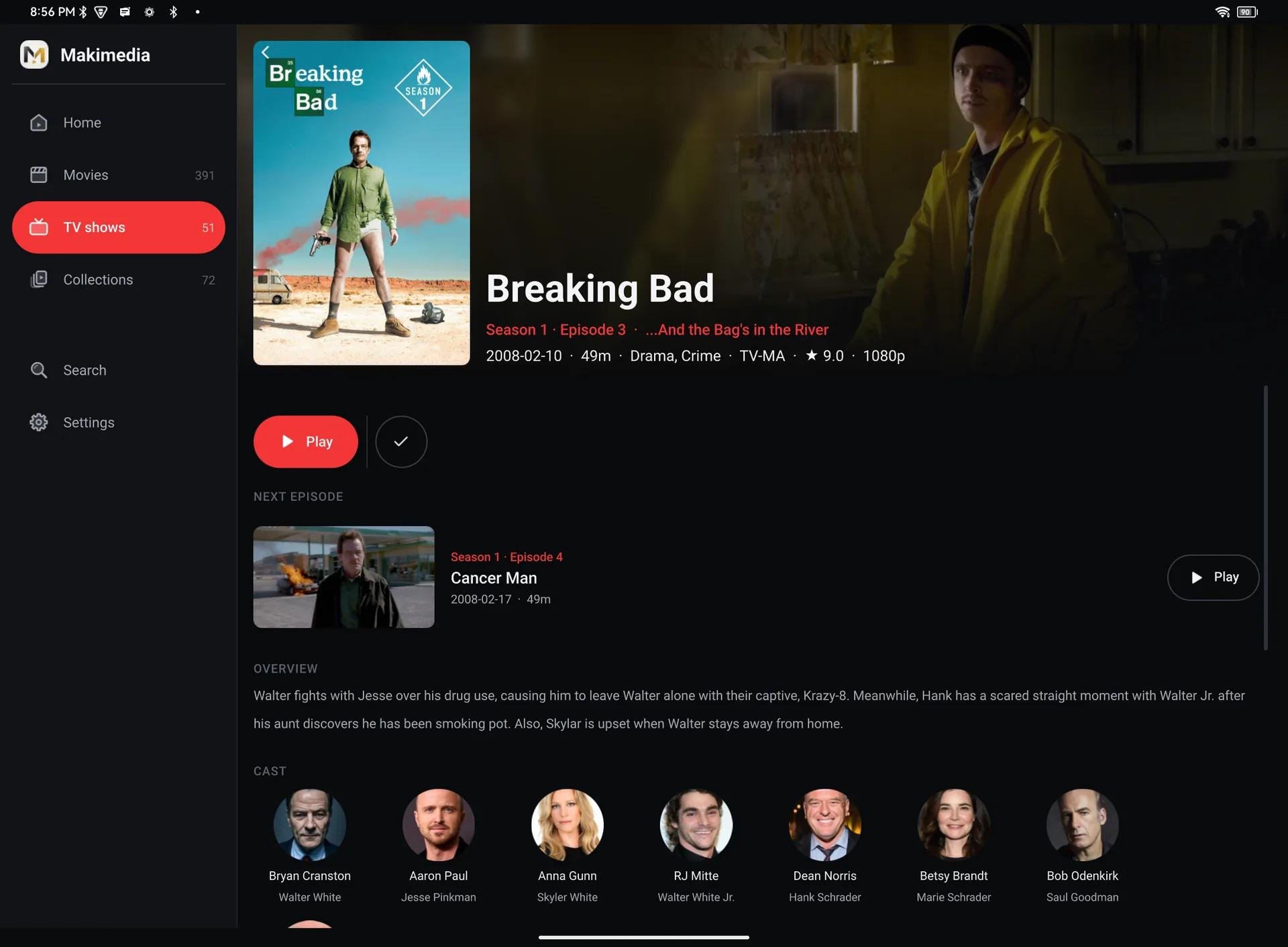 A Breaking Bad episode page, with the next episode ready below