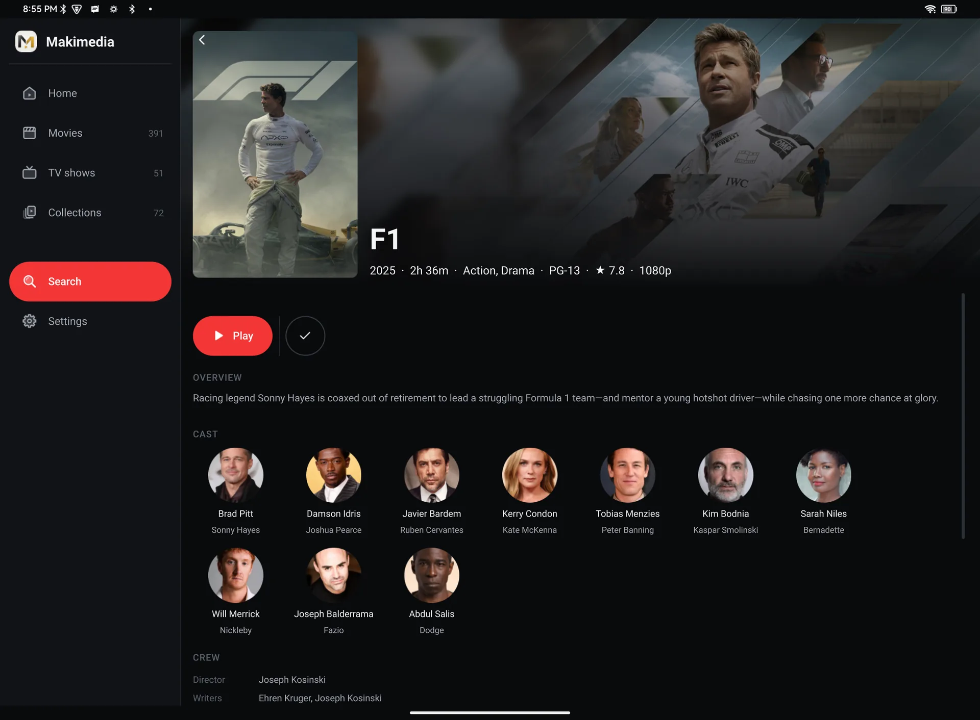 Film details for F1 on a tablet, with cast and crew