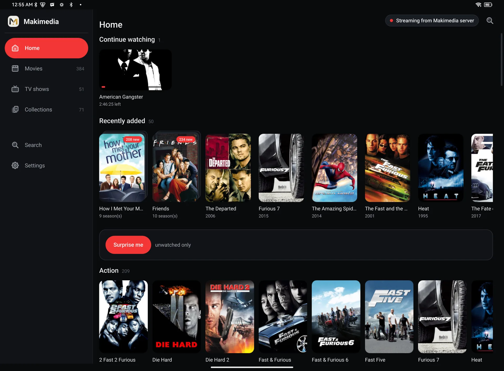 Home on a tablet, streaming the PC's library with continue watching and recently added