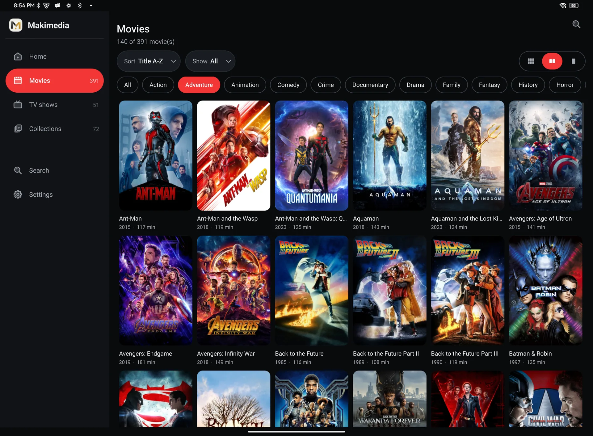The Movies page on a tablet, filtered to adventure films