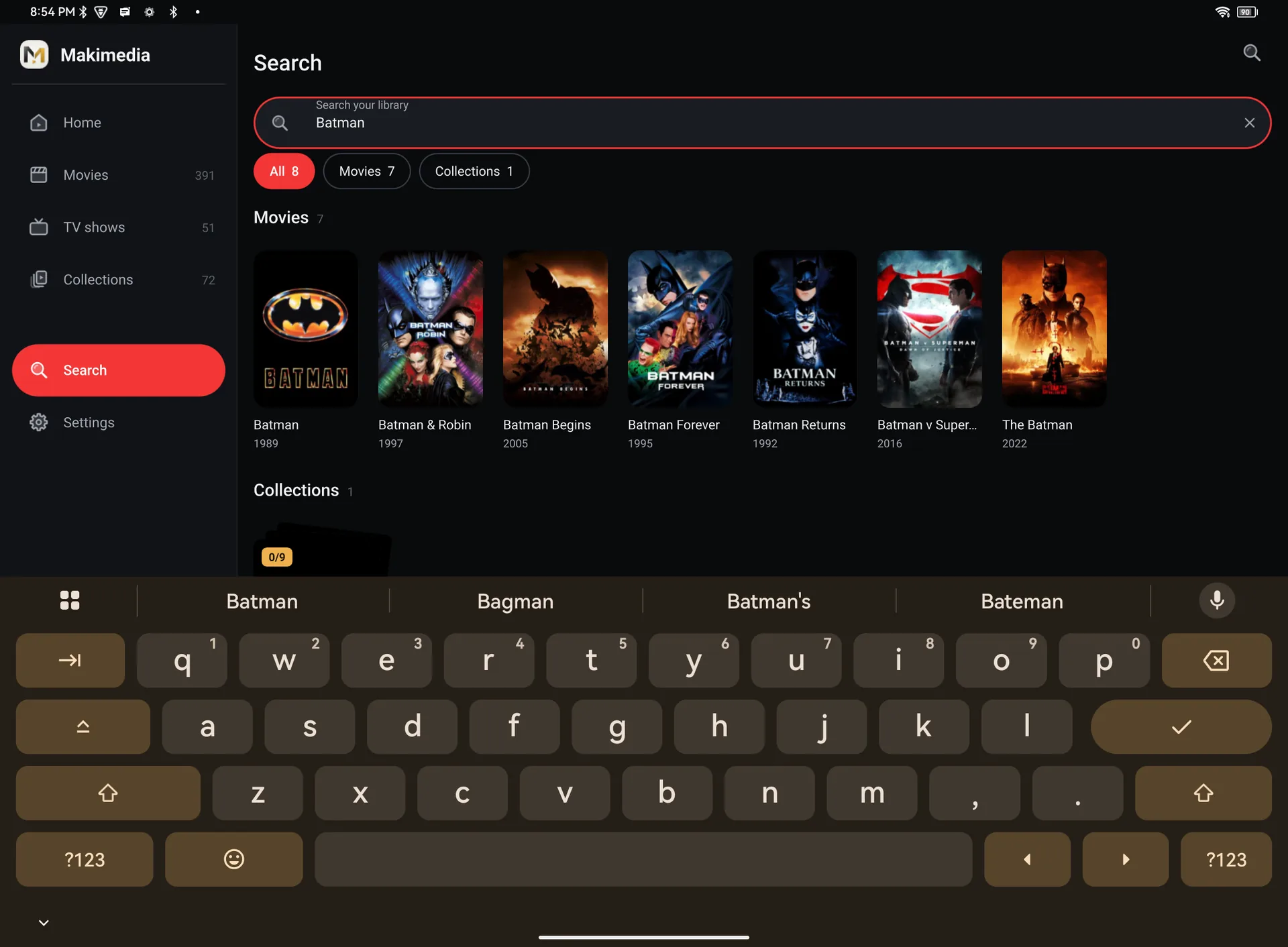 Searching for Batman on a tablet