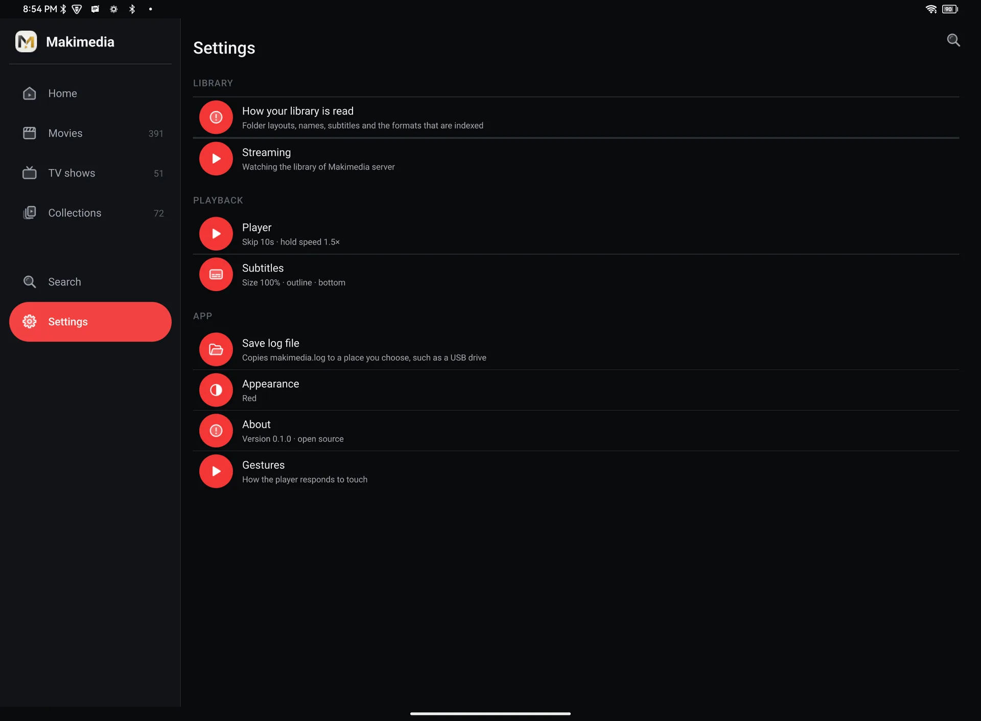 Settings on a tablet