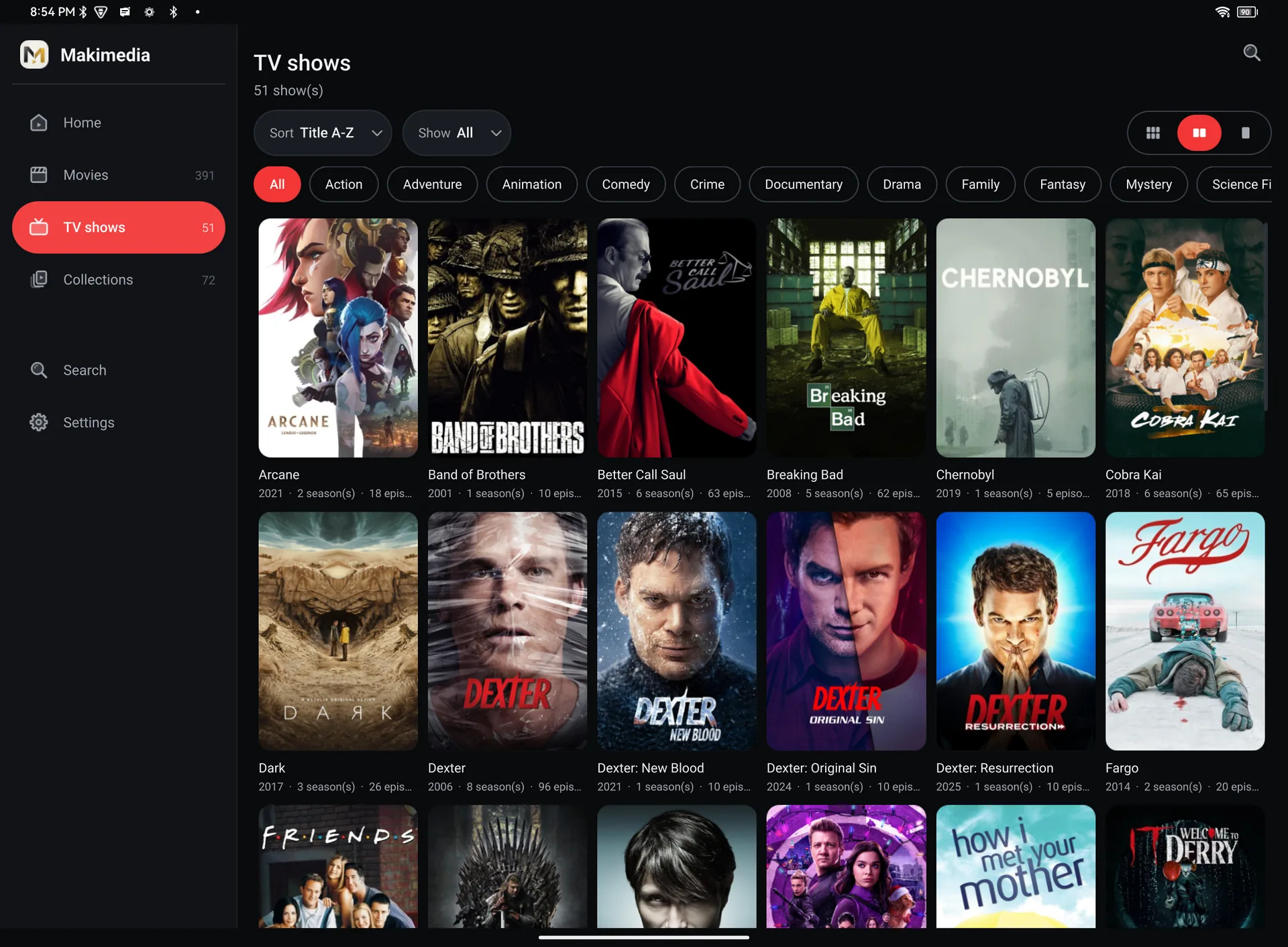 The TV shows page on a tablet
