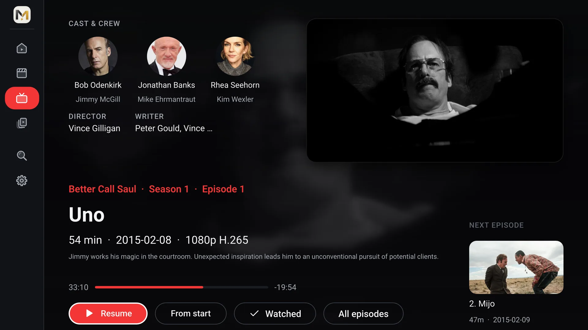An episode page on a TV, with the resume point and the next episode