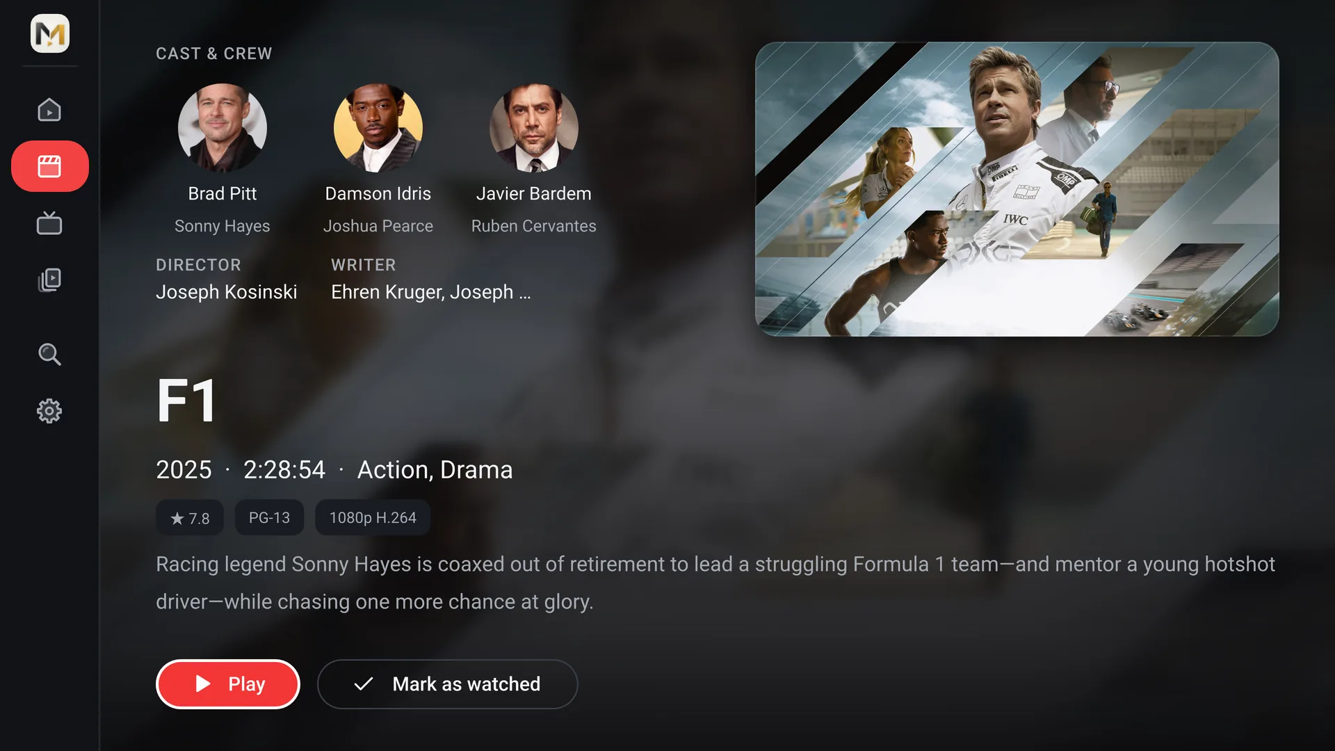 Film details for F1 on a TV, with cast and crew