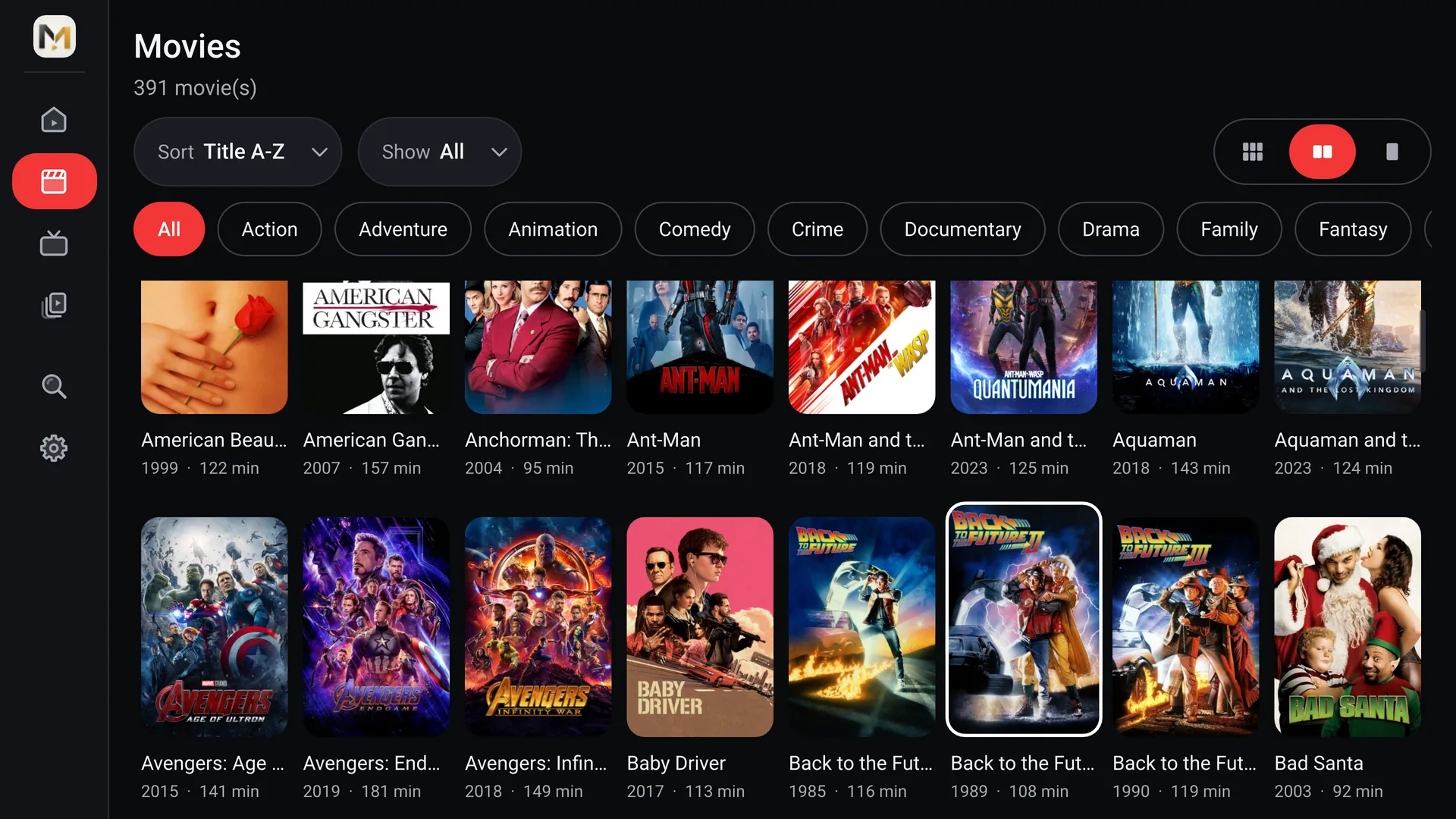 The Movies page on a TV, with genre filters