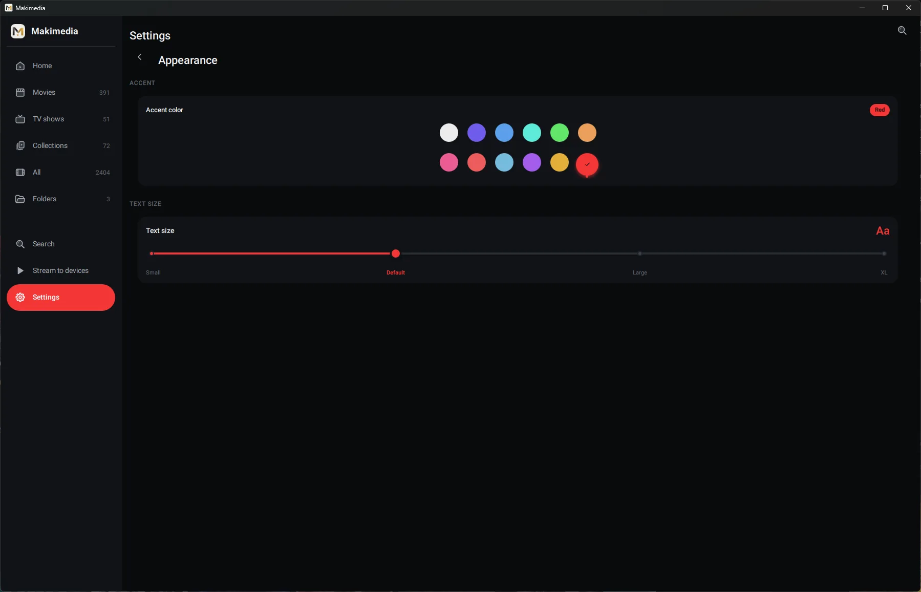 Appearance settings with a red accent colour and text size