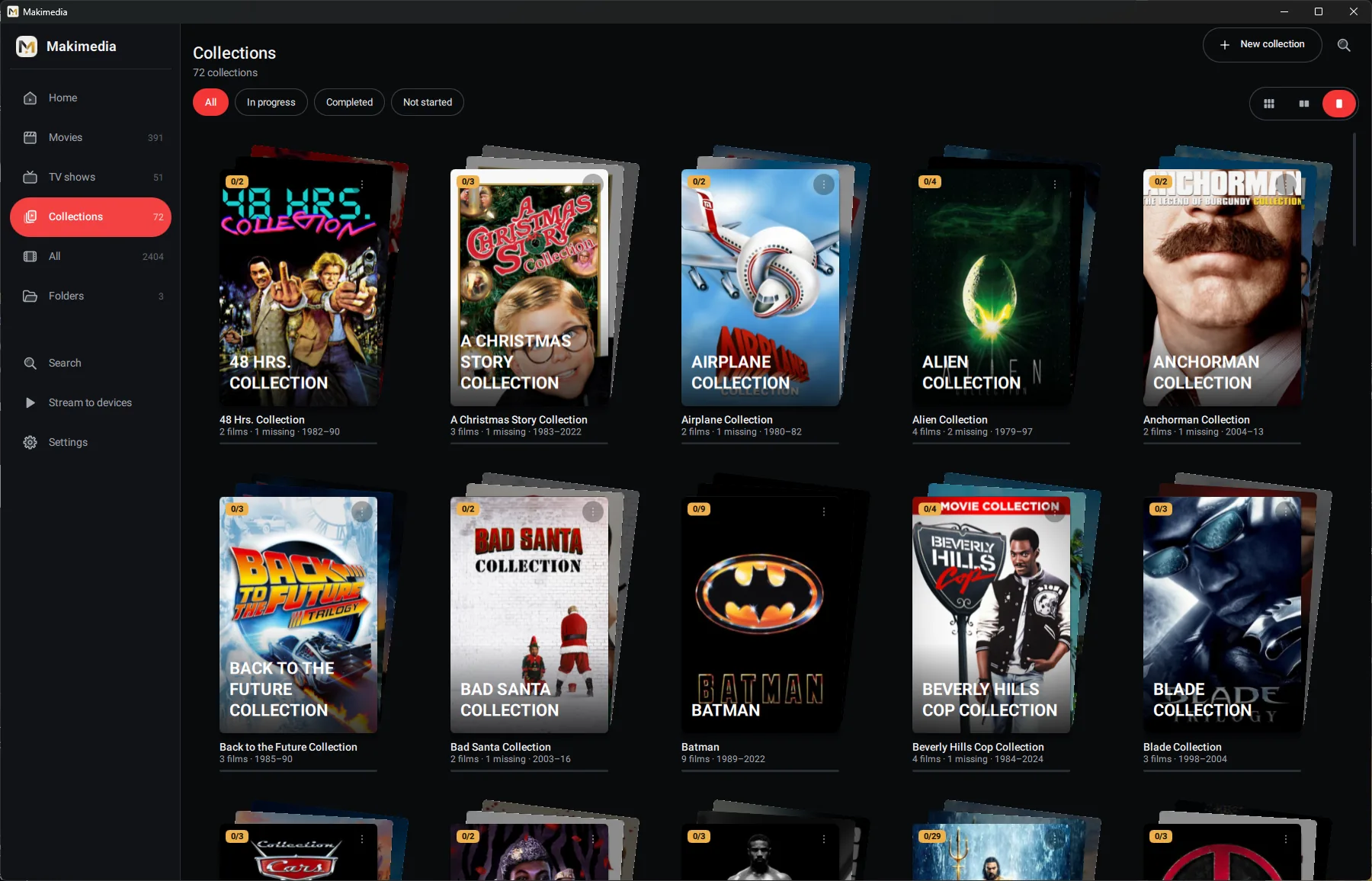 The Collections page, with film series shown as stacked posters