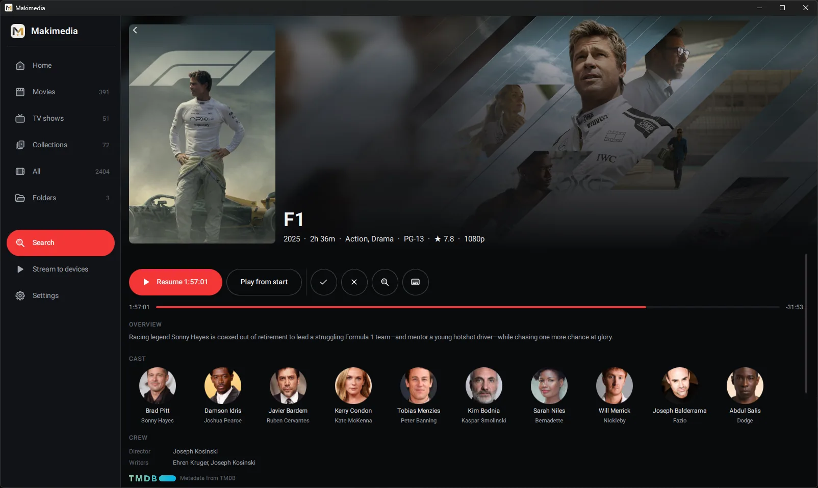 Film details for F1, resuming at 1:57:01, with cast and crew