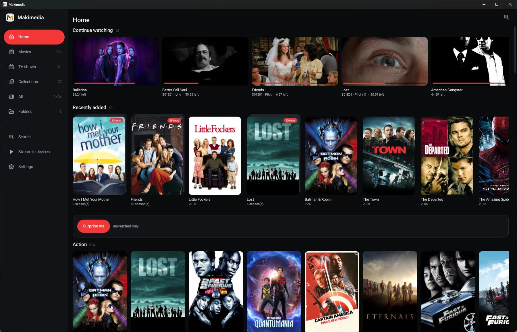 Makimedia Home on Windows, with Continue watching, Recently added and Action rows
