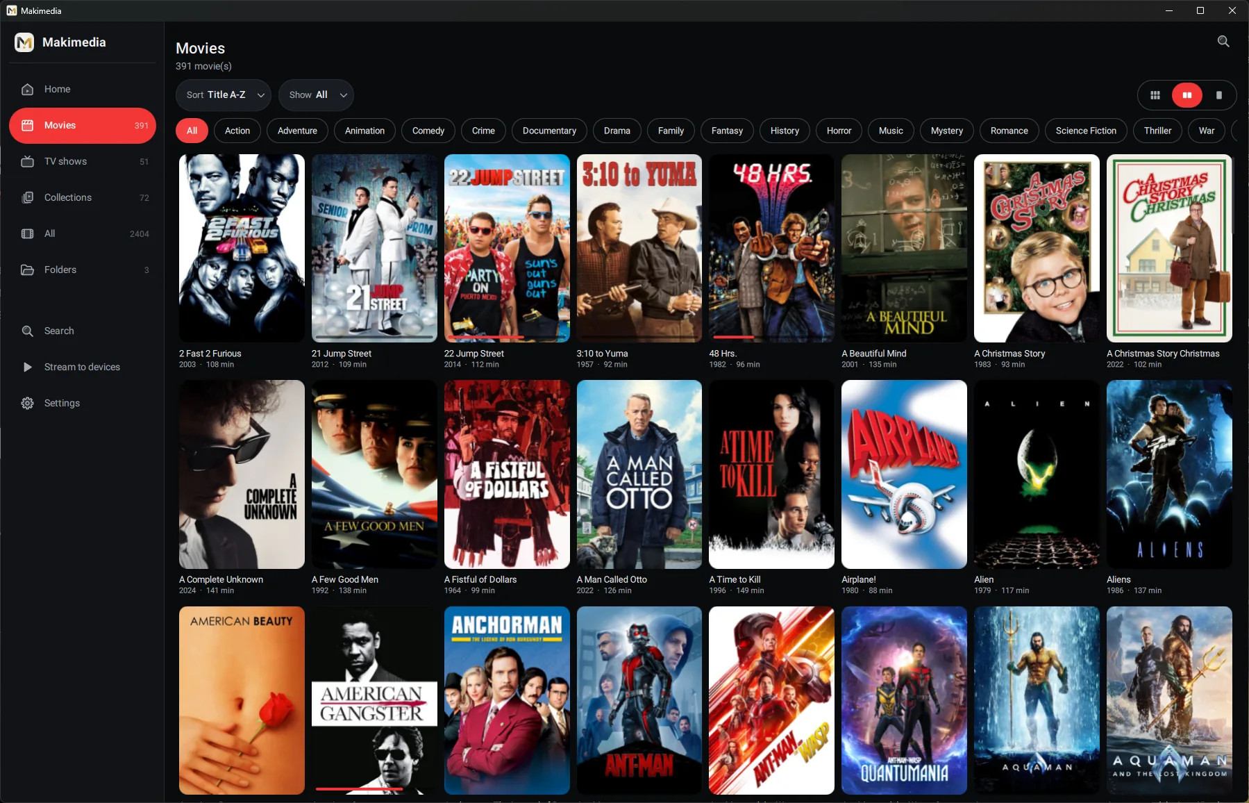 The Movies page, a grid of posters with genre filters