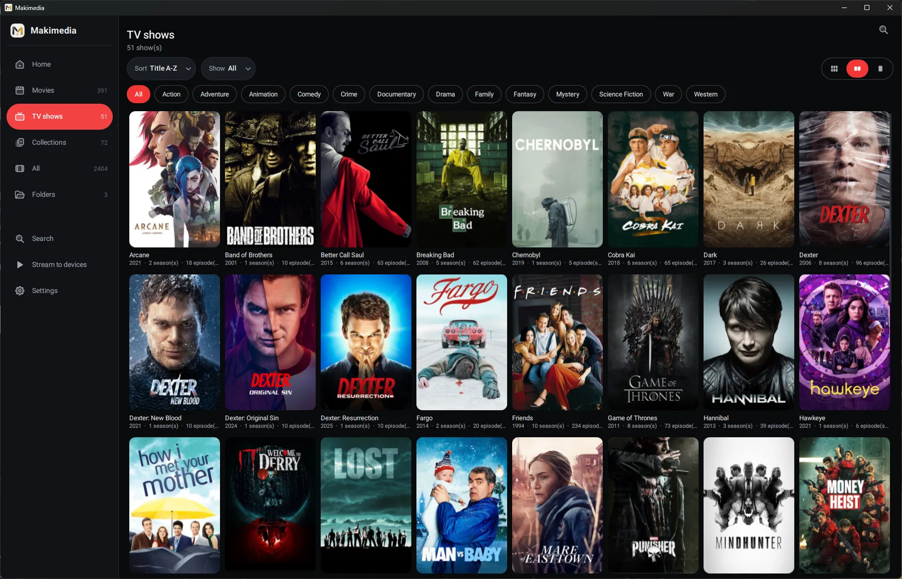 The TV shows page, a grid of show posters